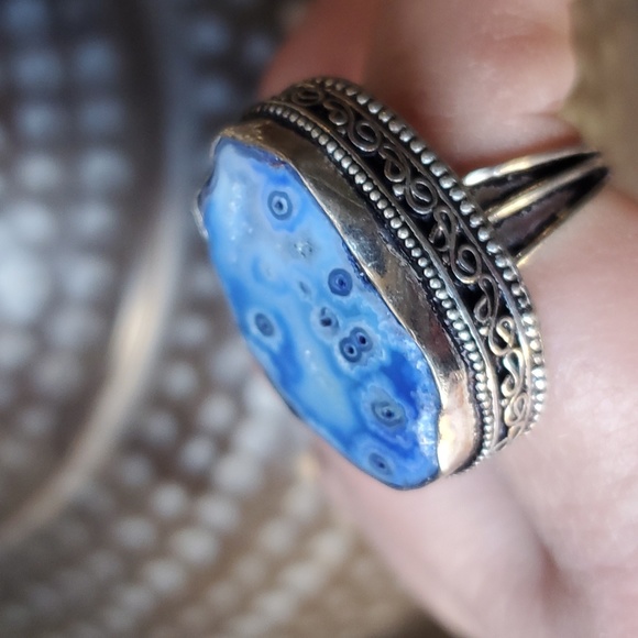 New Blue Solar Quartz Agate Druzy 925 Silver Statement Ring. - Picture 3 of 16